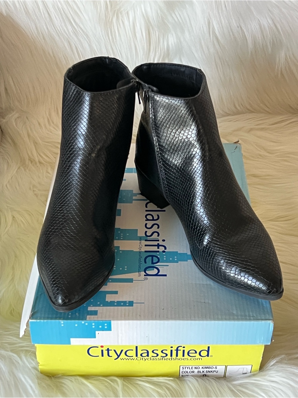 Cityclassified Black Faux Snakeskin Pointed Ankle Booties